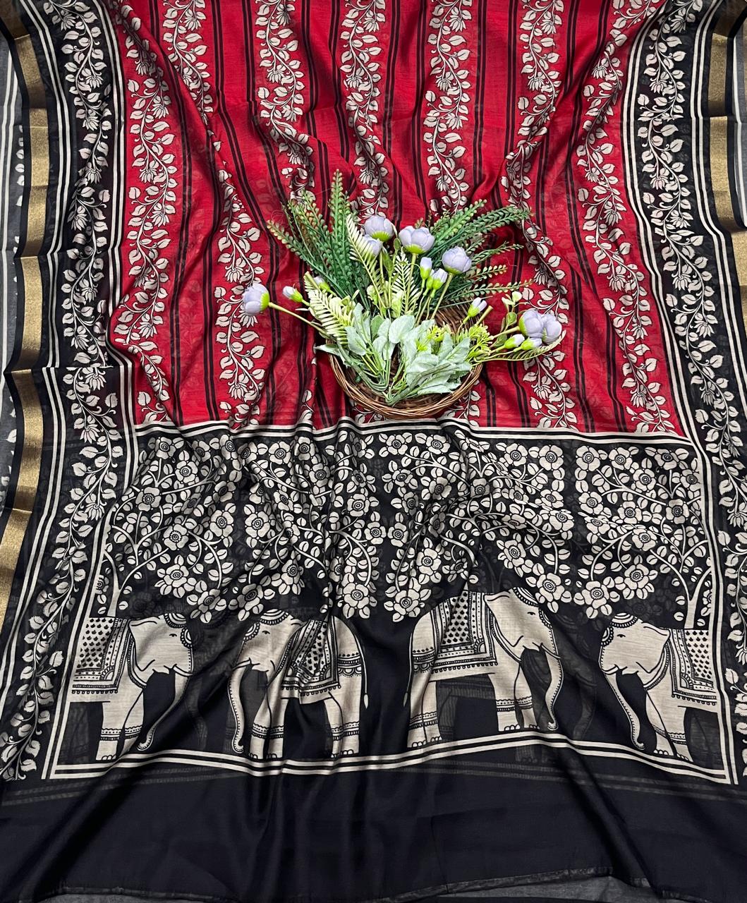 766A Mahashwari Black With Red Suit Fabric / CKC Maheshwari Suits