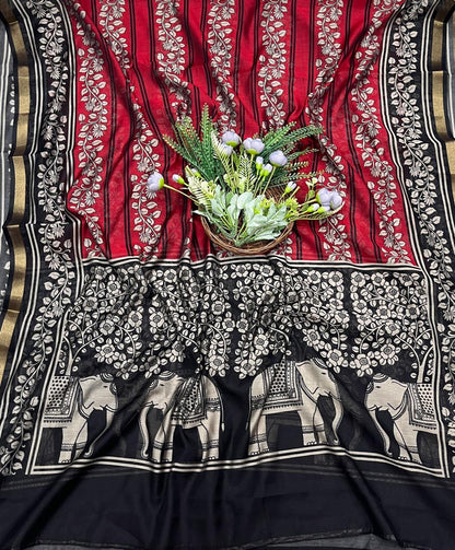 766A Mahashwari Black With Red Suit Fabric / CKC Maheshwari Suits