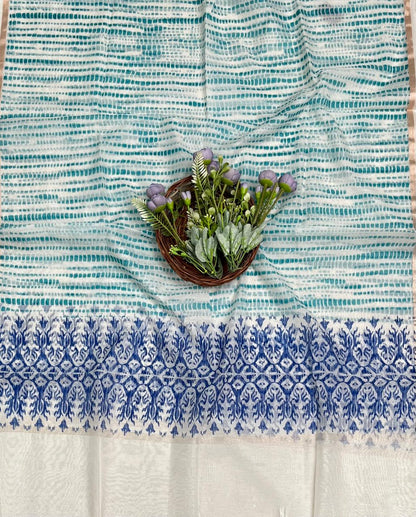 CKC 621 Mul Chanderi White With Blue Suit Fabric/ CKC Mul Cotton