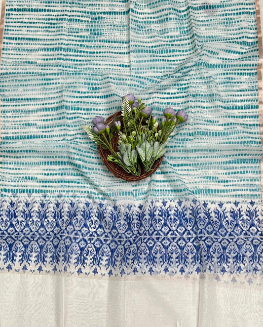 CKC 621 Mul Chanderi White With Blue Suit Fabric/ CKC Mul Cotton