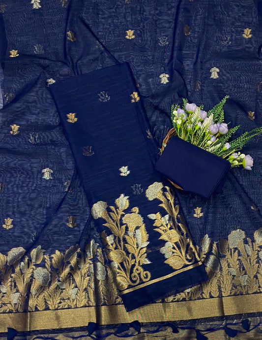 Jamdani Deep Blue Suit Fabric - Studio CKC