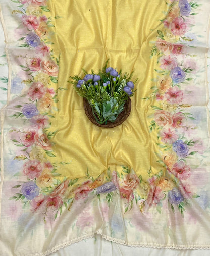 102D Mul Cotton Off White With Lemon Suit Fabric / CKC Mul Cotton