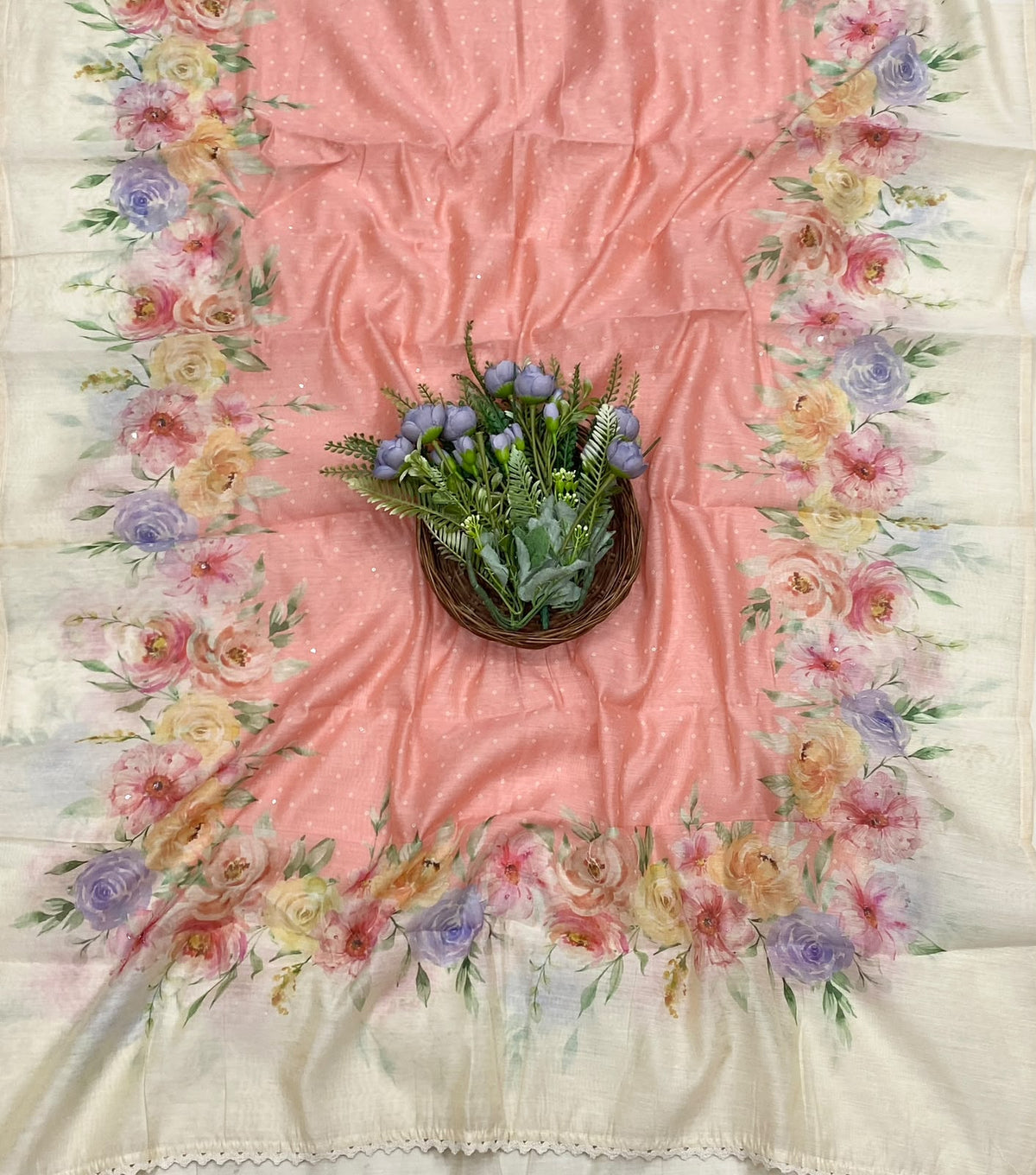 103D Mul Cotton Off White With Pink Suit Fabric / CKC Mul Cotton