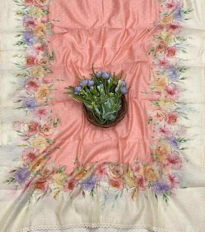 103D Mul Cotton Off White With Pink Suit Fabric / CKC Mul Cotton