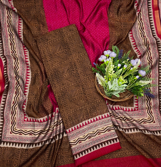 801D MAHESHWARI BROWN WITH RED SUIT FABRIC / CKC MAHESHWARI SUITS
