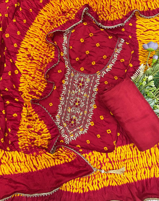 812D GAJJI SILK RED SUIT FABRIC / CKC JAIPURI SUITS