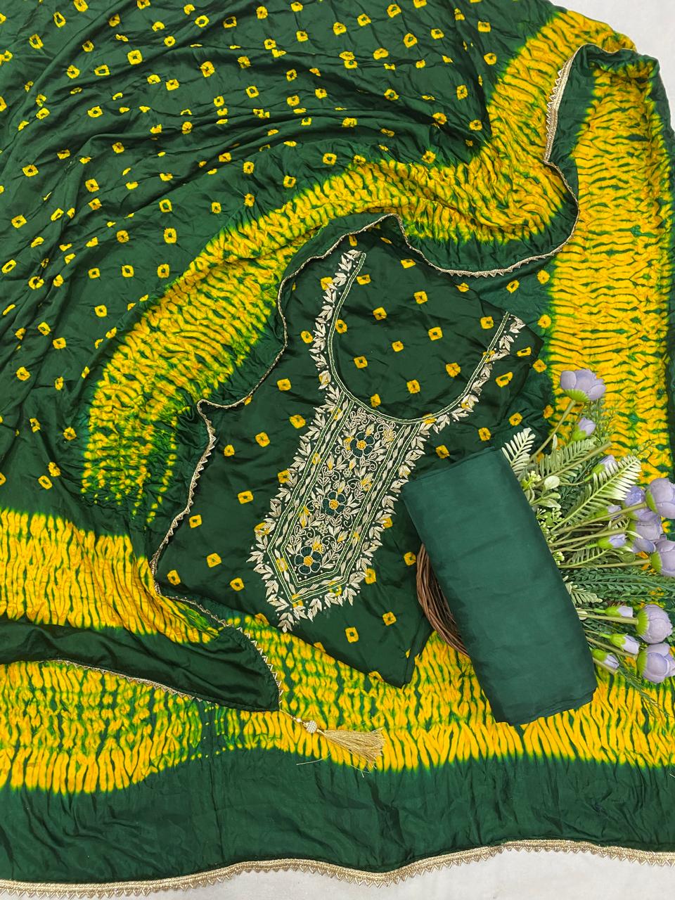 813D GAJJI SILK BOTTLE GREEN SUITS / CKC JAIPURI SUITS