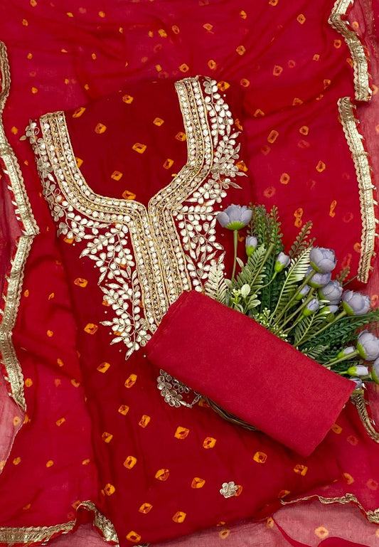 825D GAJJI SILK RED SUIT SUIT FABRIC / CKC JAIPURI SUITS